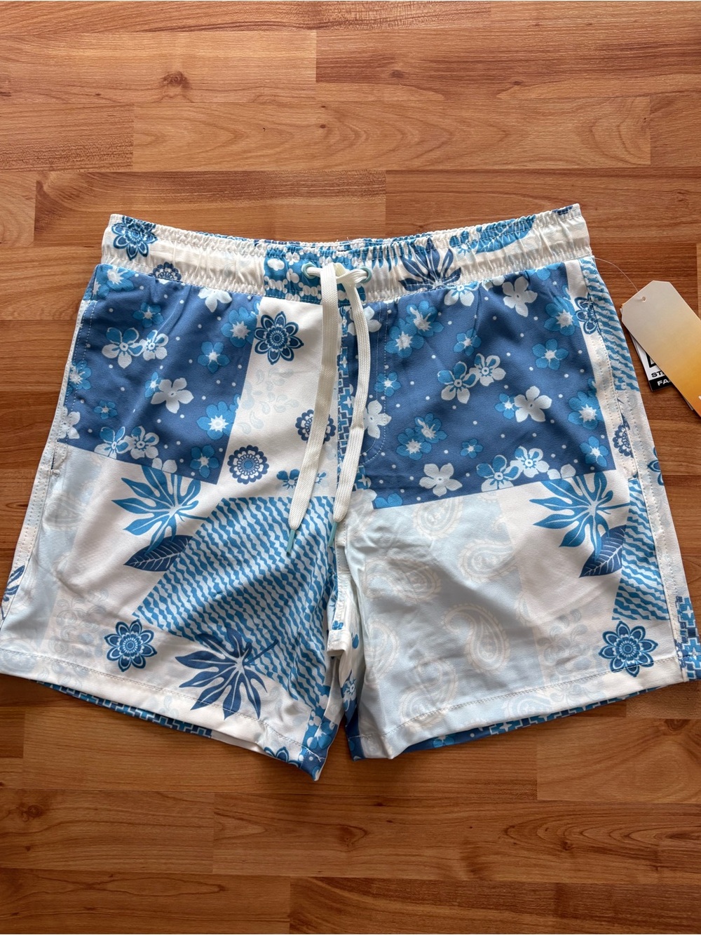 Malibu Blue and White Floral Patchwork Swim Trunks